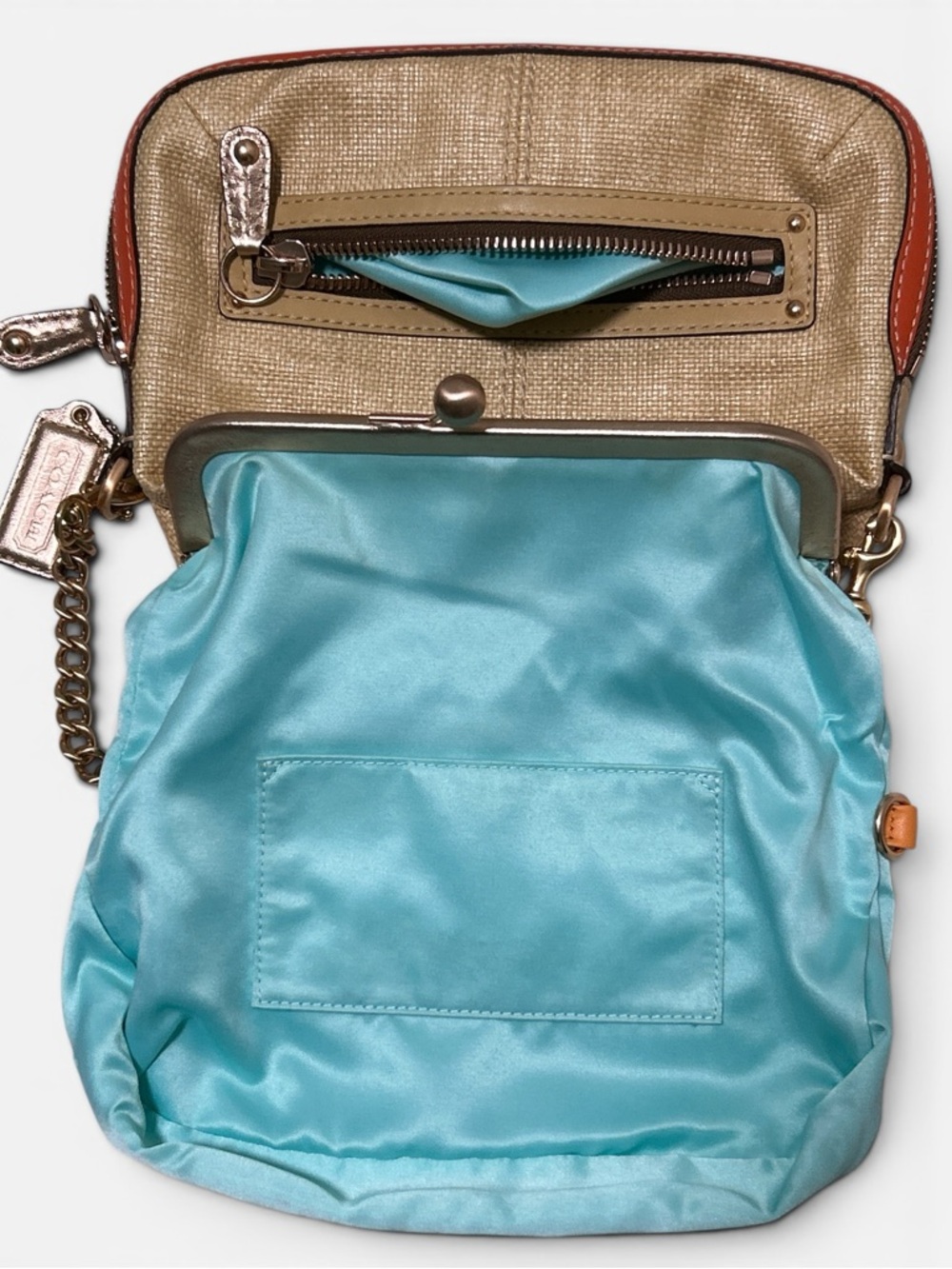COACH Y2K  Bonnie Kiss Lock Frame Fold Over Straw w/Leather Trim  Demi Bag - Picture 11 of 12